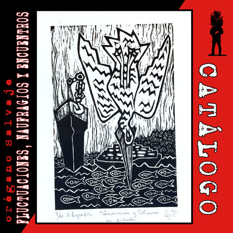 "Cardumen y pelícano en picada" - Xilografía